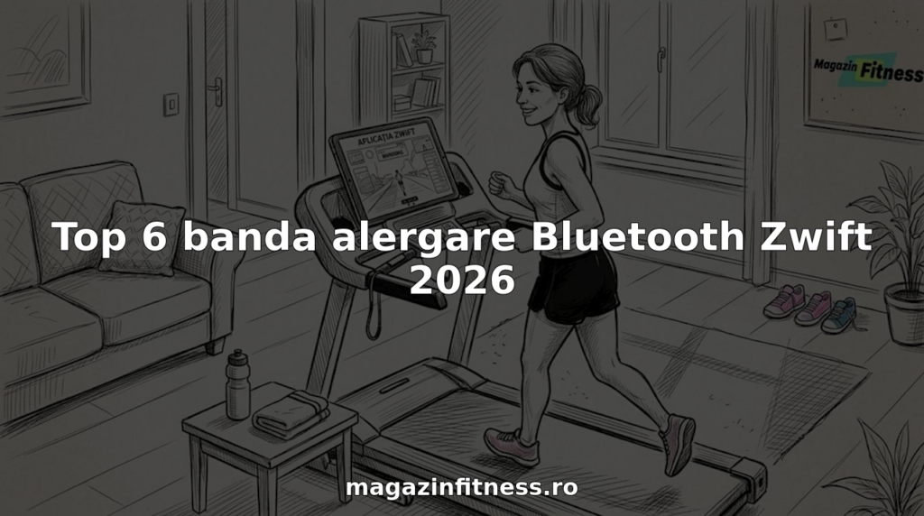 O femeie alearga pe o banda de alergare cu Bluetooth, folosind aplicatia Zwift pentru antrenament interactiv.