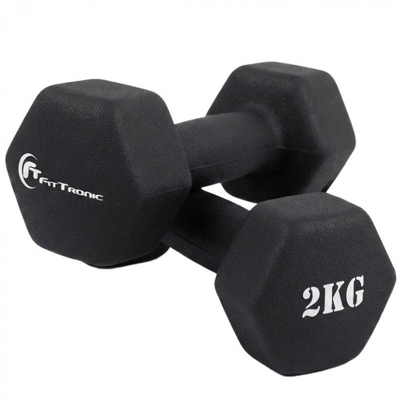 Set gantere hexagonale cauciucate FitTronic D1, 2 x 2 kg, fitness, aerobic, pilates, prindere confortabila, culoare neagra